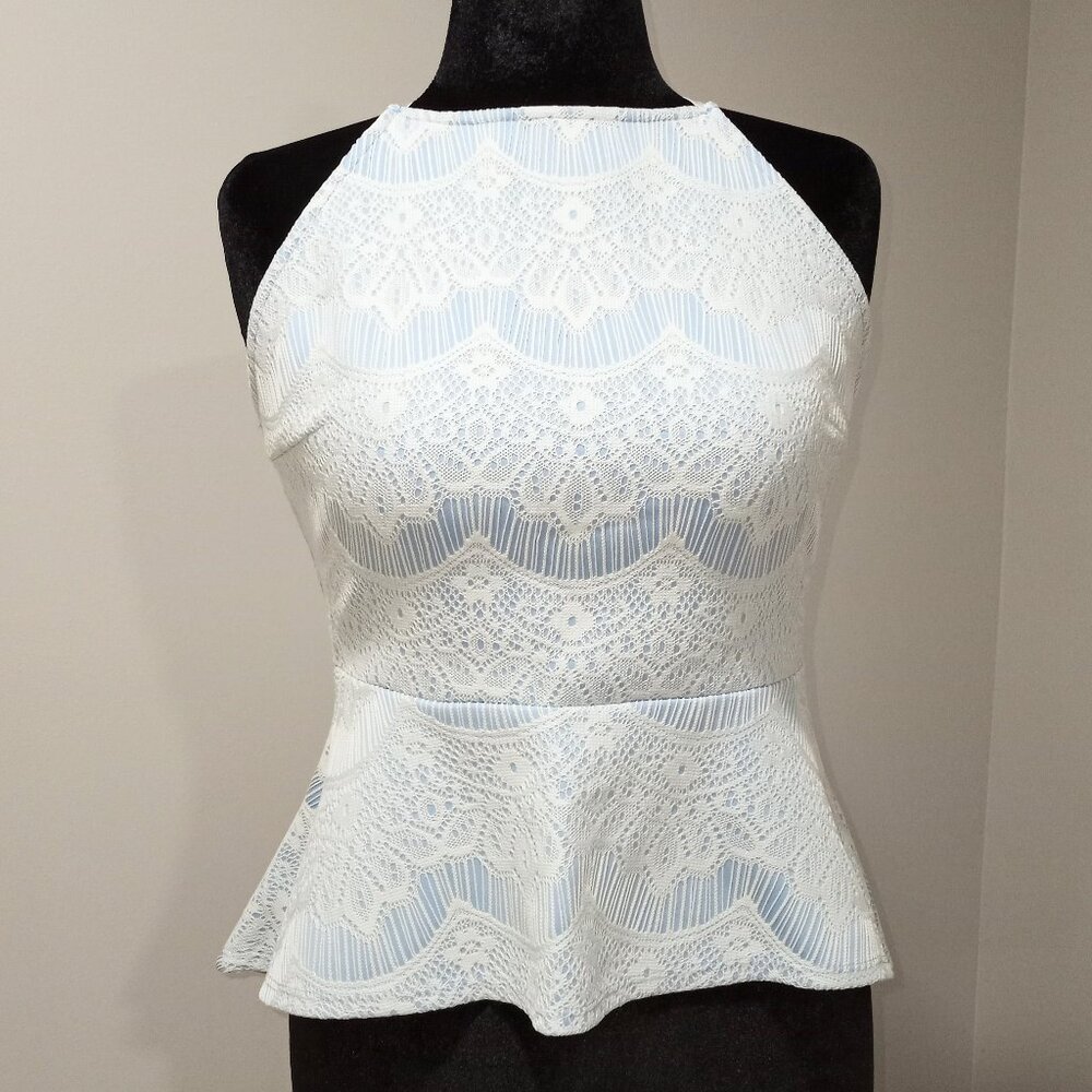 MYSTIC HALTER NECK BACKLESS PEPLUM TOP LIGHT BLUE AND WHITE SZ M